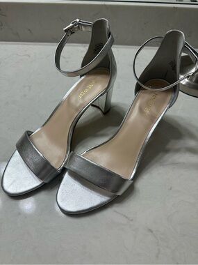 Nine West Metallic Silver Open-Toe Ankle-Strap Block Heels, 9.5 M